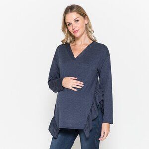 Maternity Navy V-Neck Frill Ruffle French Terry Solid Basic Top